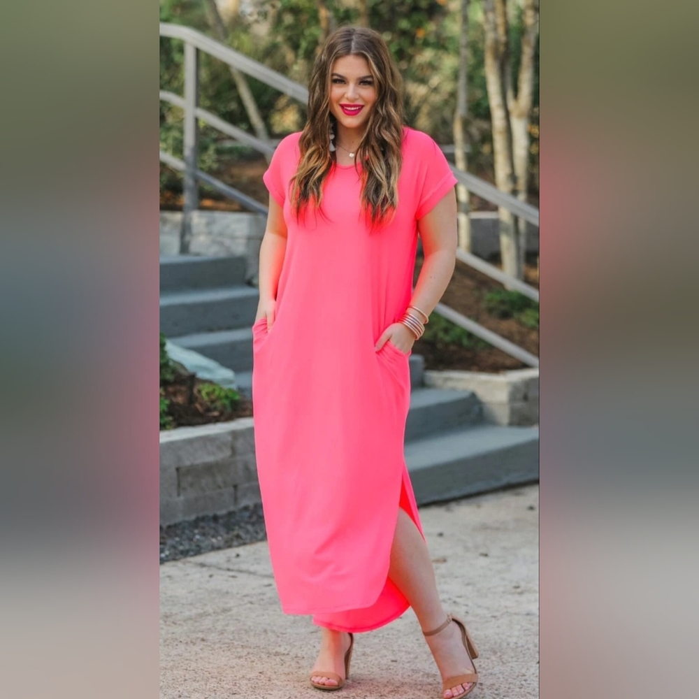 Neon Salmon Pink T-Shirt Maxi Dress